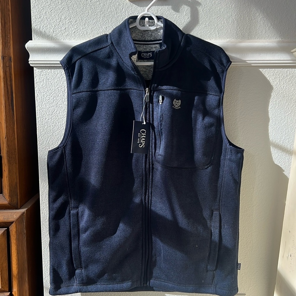 Chaps mens fleece sweater vest zipper mock neck warm cozy American Navy